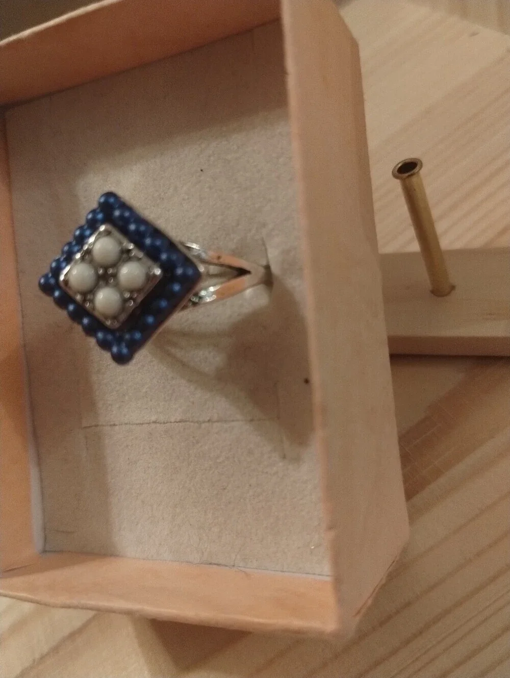Blue & White Beaded Geometric Statement Ring Silver Tone Boho Size 8.5